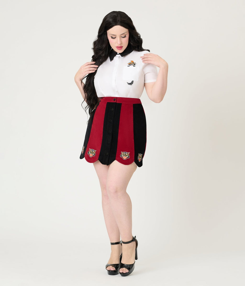 Smak Parlour Burgundy & Black Stripe Spooky Cat Corduroy Mini Skirt - Unique Vintage - Womens, BOTTOMS, SKIRTS