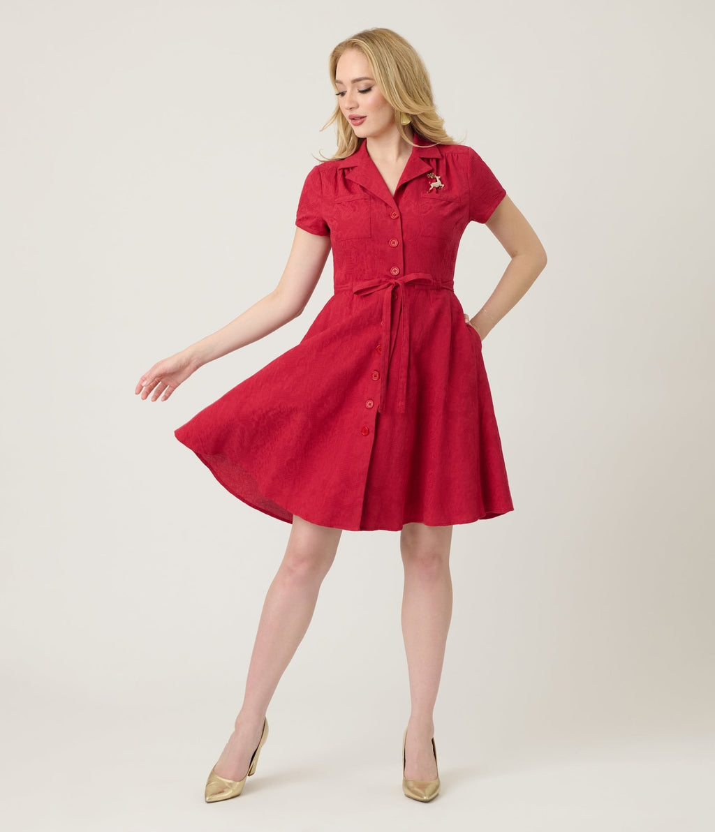 Smak Parlour Burgundy Reindeer Cotton Fit & Flare Dress - Unique Vintage - Womens, DRESSES, FIT AND FLARE