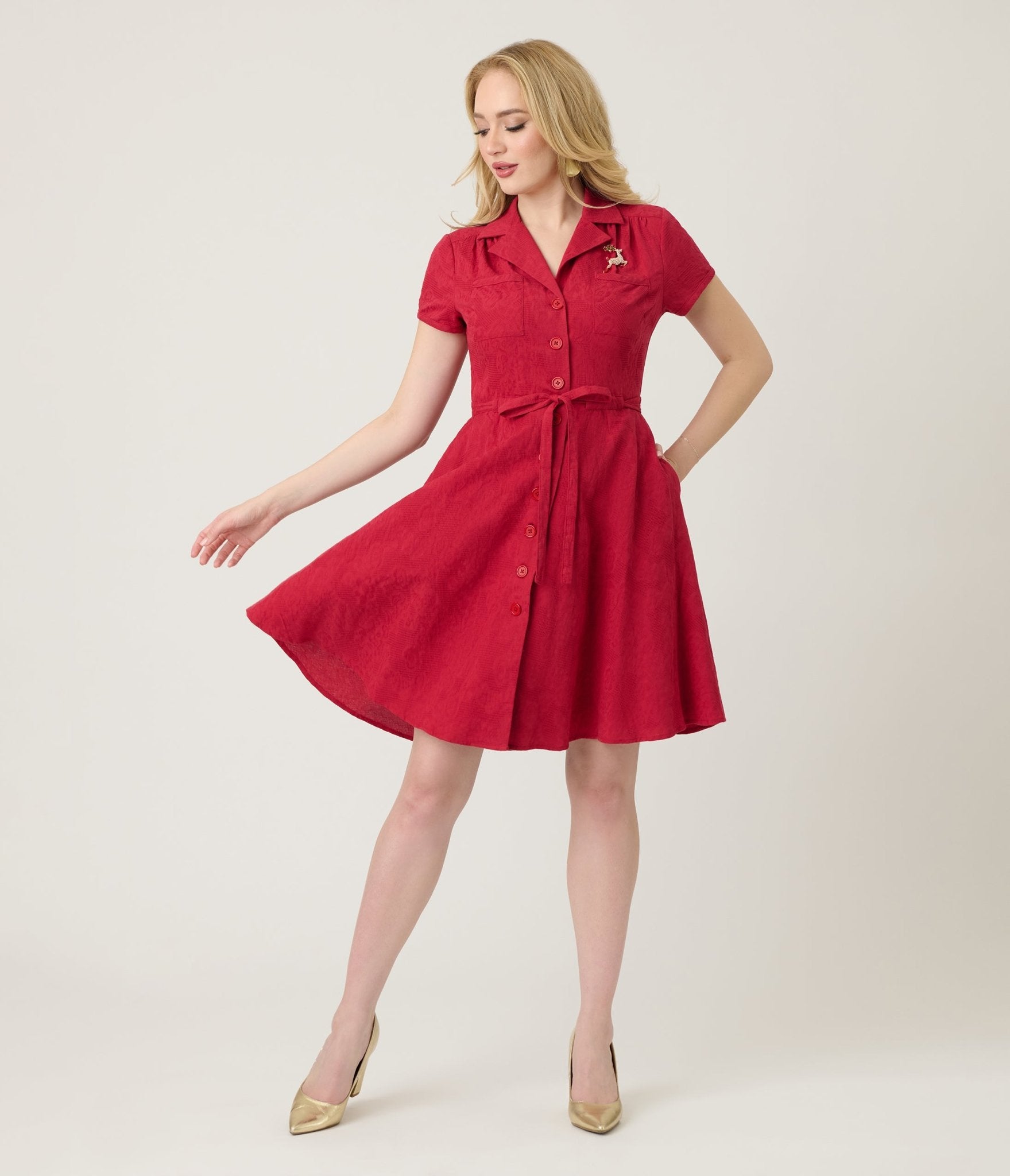 Smak Parlour Burgundy Reindeer Cotton Fit & Flare Dress - Unique Vintage - Womens, DRESSES, FIT AND FLARE
