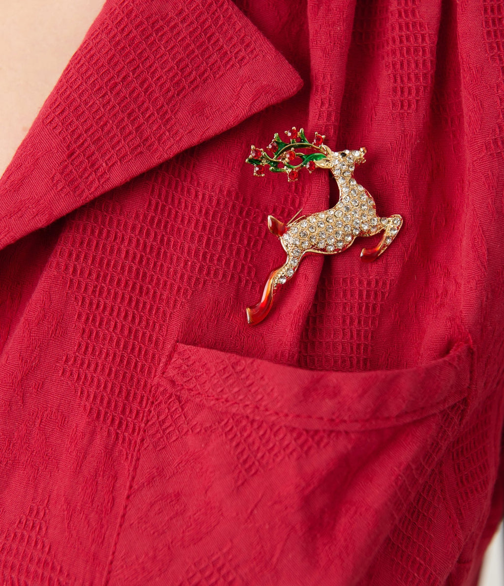 Smak Parlour Burgundy Reindeer Cotton Fit & Flare Dress - Unique Vintage - Womens, DRESSES, FIT AND FLARE