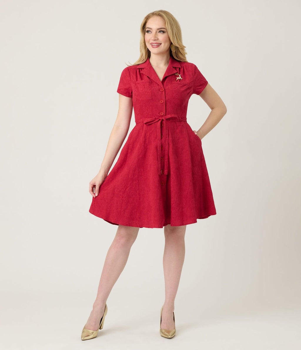 Smak Parlour Burgundy Reindeer Cotton Fit & Flare Dress - Unique Vintage - Womens, DRESSES, FIT AND FLARE