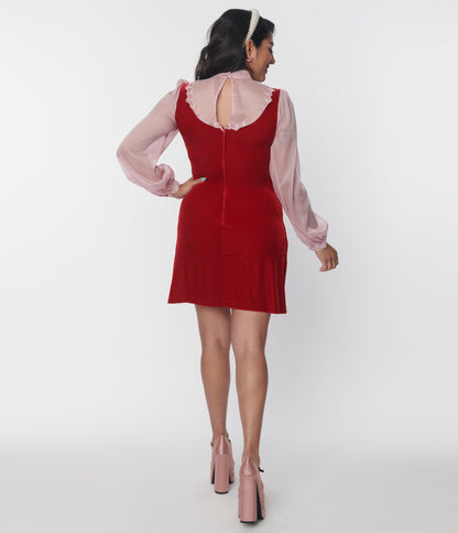 Smak Parlour Burgundy Velvet & Pink Bow Neck Shift Dress - Unique Vintage - Womens, DRESSES, SHIFTS