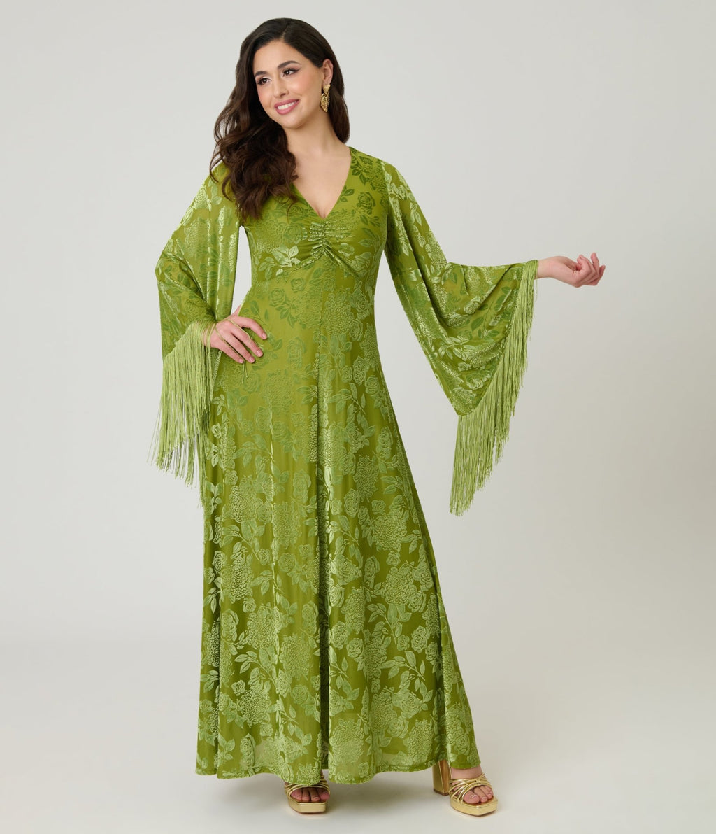 Smak Parlour Chartreuse Velvet Burnout Fringe Sleeve Stevie Maxi Dress - Unique Vintage - Womens, DRESSES, MAXI