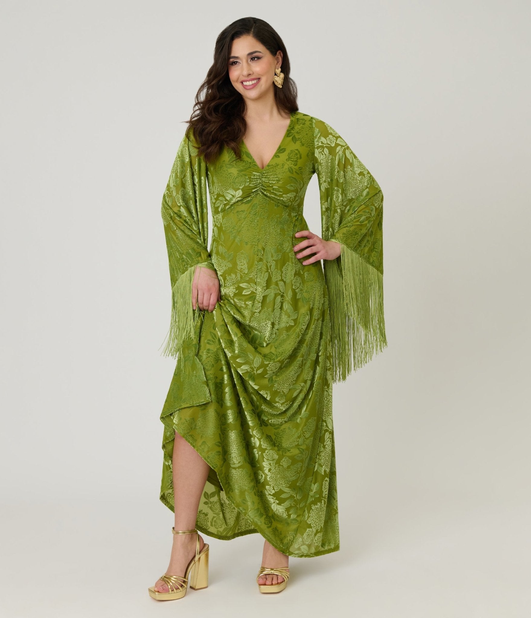 Smak Parlour Chartreuse Velvet Burnout Fringe Sleeve Stevie Maxi Dress XL/14-16