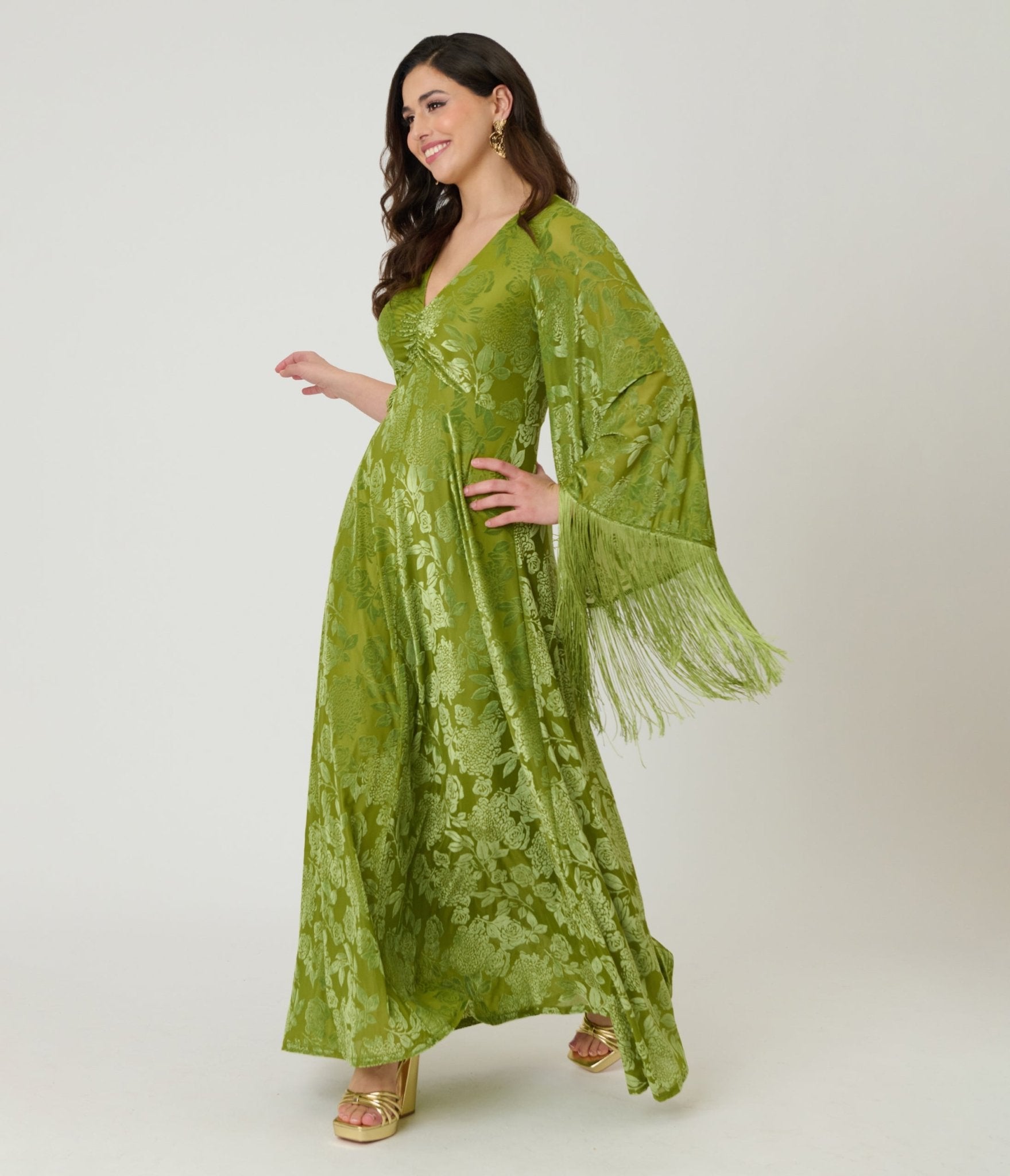Smak Parlour Chartreuse Velvet Burnout Fringe Sleeve Stevie Maxi Dress XL/14-16 Smak Parlour Chartreuse Velvet Burnout Fringe Sleeve Stevie Maxi Dress XL/14-16