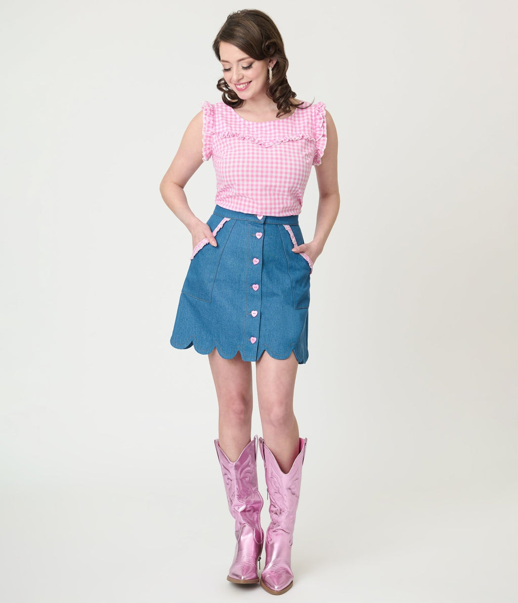 Smak Parlour Denim & Pink Gingham Campus Mini Skirt - Unique Vintage - Womens, BOTTOMS, SKIRTS