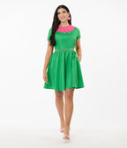 Smak Parlour Green & Hot Pink Petal Collar Flare Dress - Unique Vintage - Womens, DRESSES, FIT AND FLARE