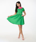 Smak Parlour Green & Hot Pink Petal Collar Flare Dress - Unique Vintage - Womens, DRESSES, FIT AND FLARE