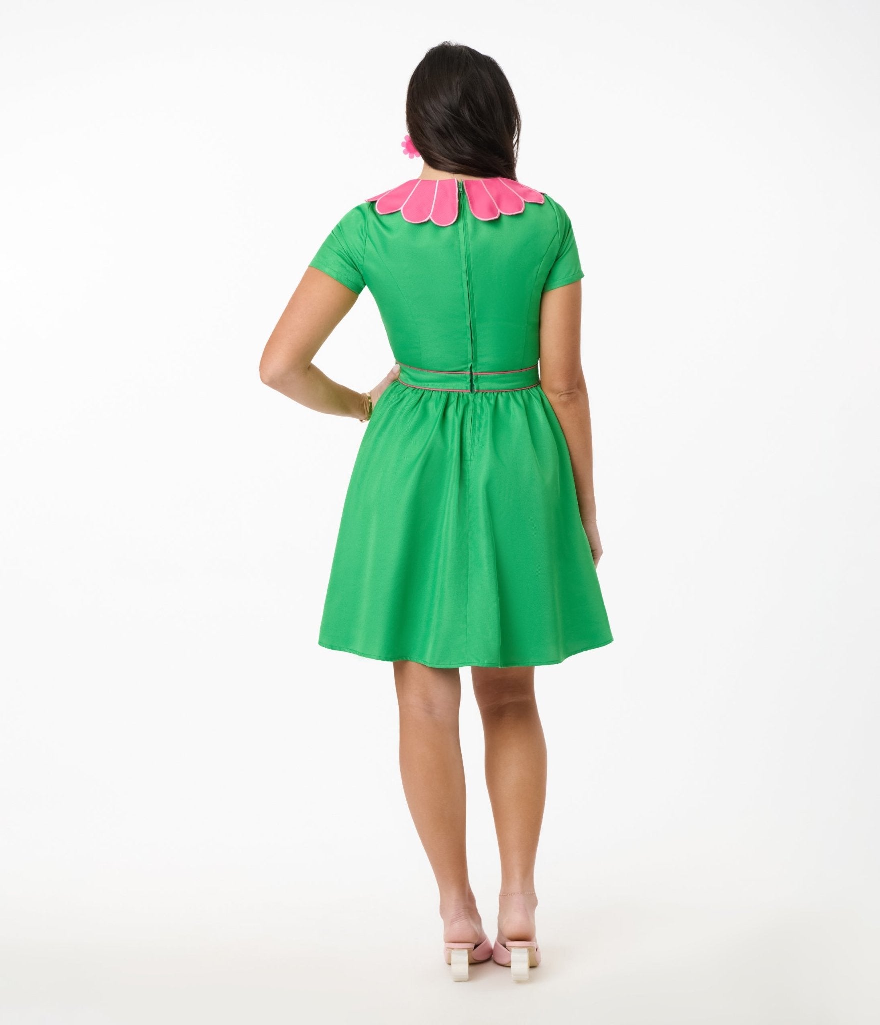 Smak Parlour Green & Hot Pink Petal Collar Flare Dress - Unique Vintage - Womens, DRESSES, FIT AND FLARE