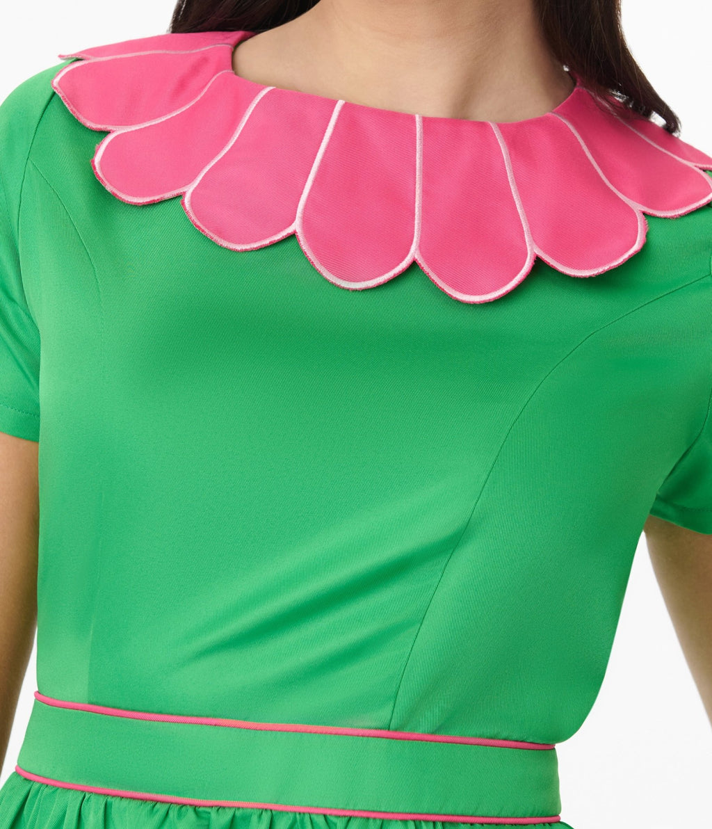 Smak Parlour Green & Hot Pink Petal Collar Flare Dress - Unique Vintage - Womens, DRESSES, FIT AND FLARE