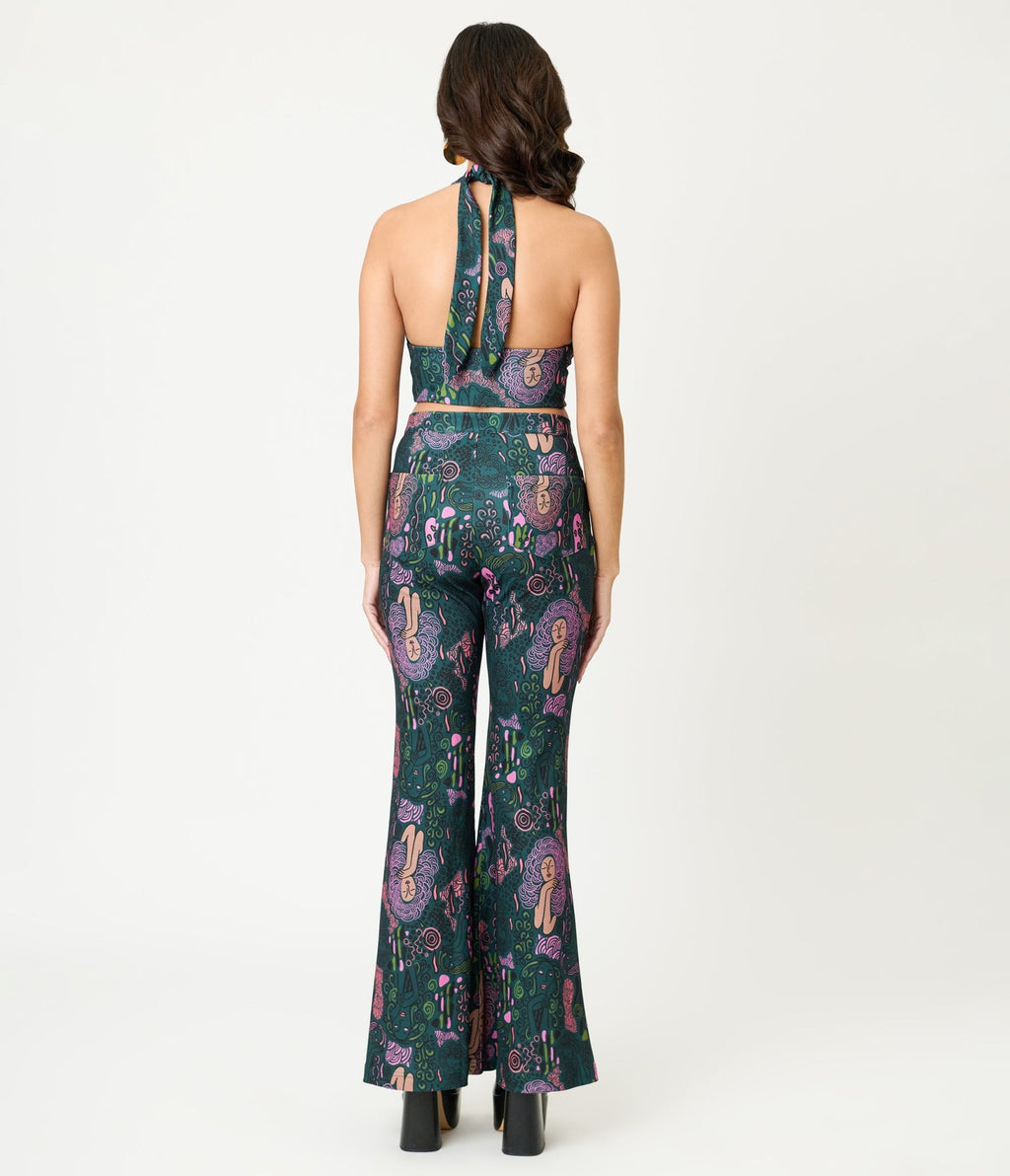 Smak Parlour Green & Mannequin Doodle Find Your Flare Pants - Unique Vintage - Womens, BOTTOMS, PANTS