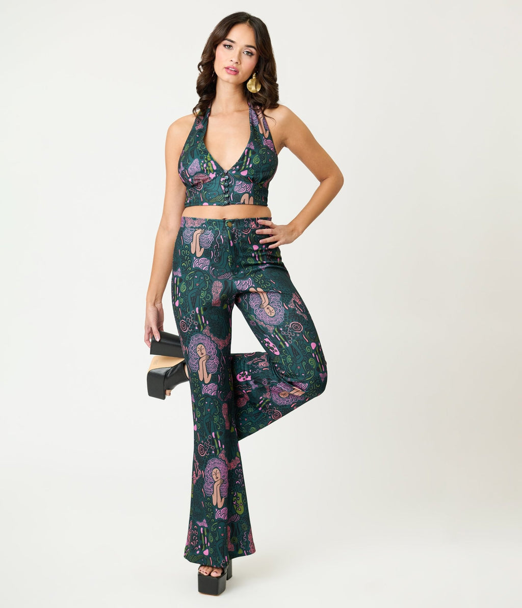 Smak Parlour Green & Mannequin Doodle Find Your Flare Pants - Unique Vintage - Womens, BOTTOMS, PANTS