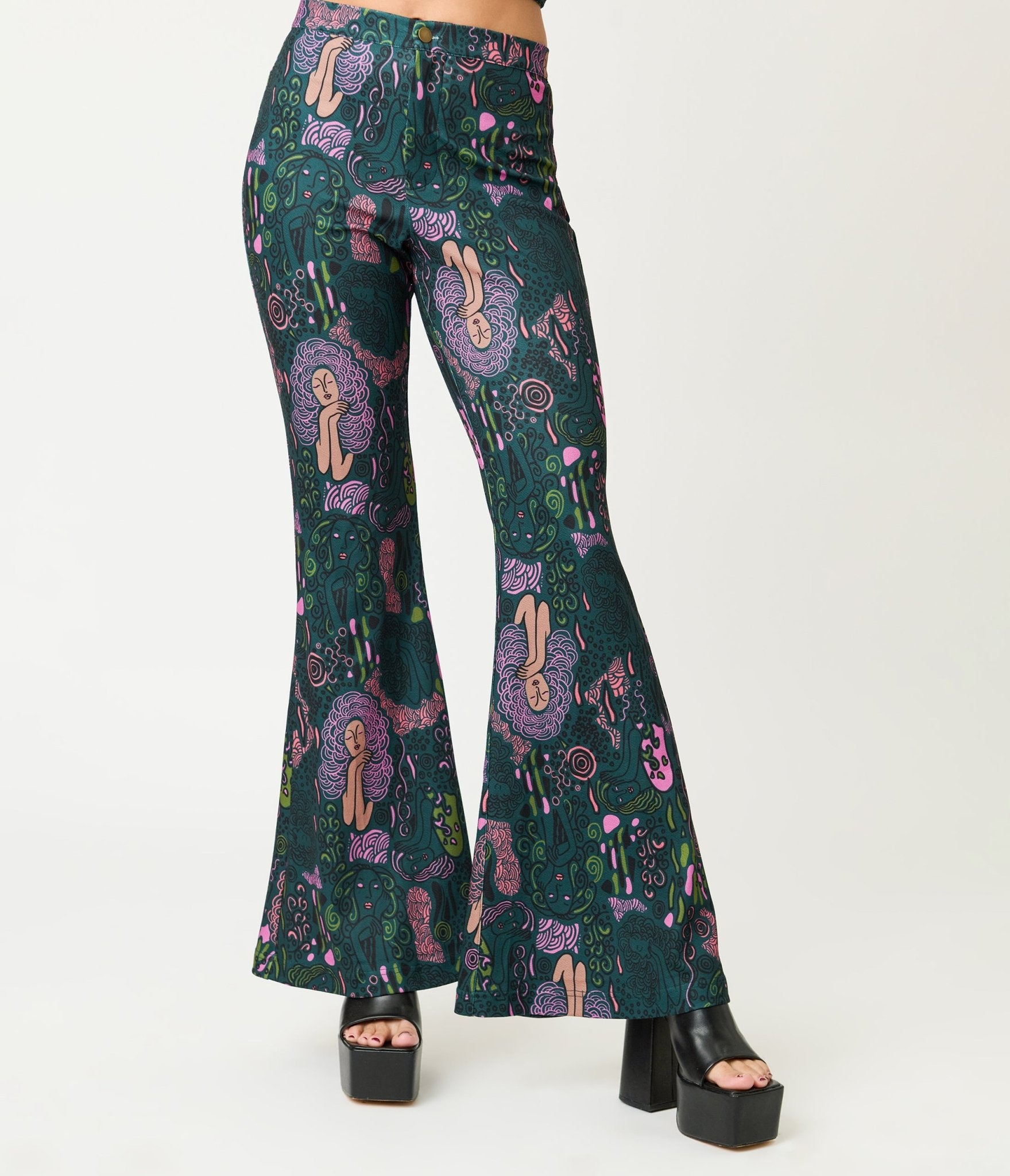 Smak Parlour Green & Mannequin Doodle Find Your Flare Pants - Unique Vintage - Womens, BOTTOMS, PANTS