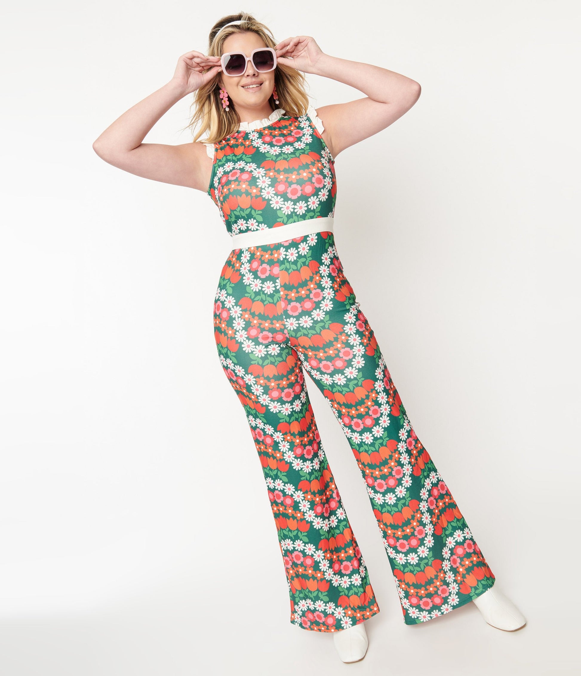 Smak Parlour Green & Red Daisy Chain Back Bow Jumpsuit - Unique Vintage - Womens, BOTTOMS, ROMPERS AND JUMPSUITS