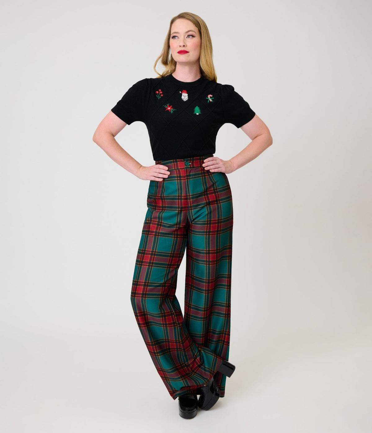 Smak Parlour Green & Red Oversize Plaid Wide Leg Trousers - Unique Vintage - Pants