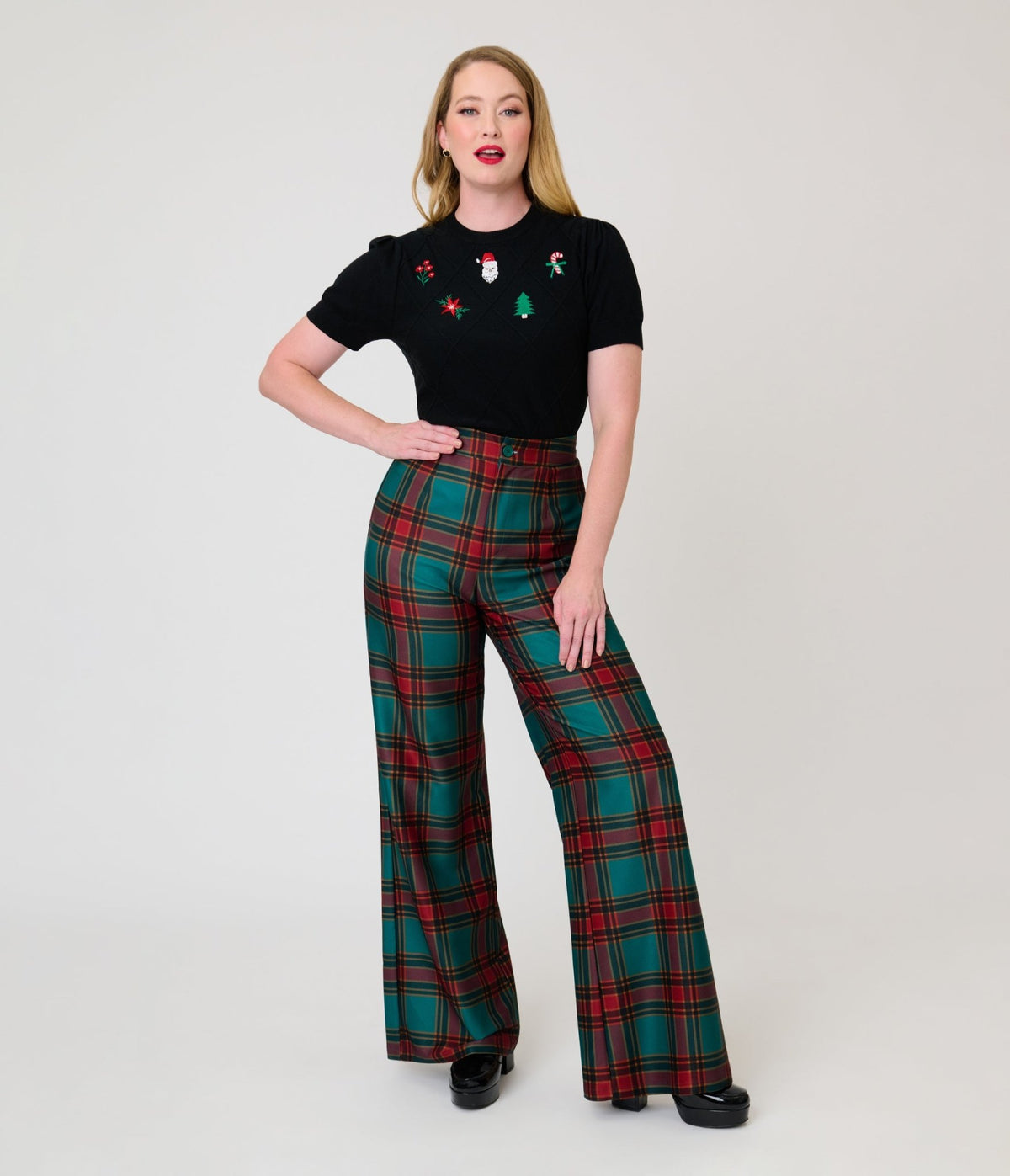 Smak Parlour Green & Red Oversize Plaid Wide Leg Trousers - Unique Vintage - Pants