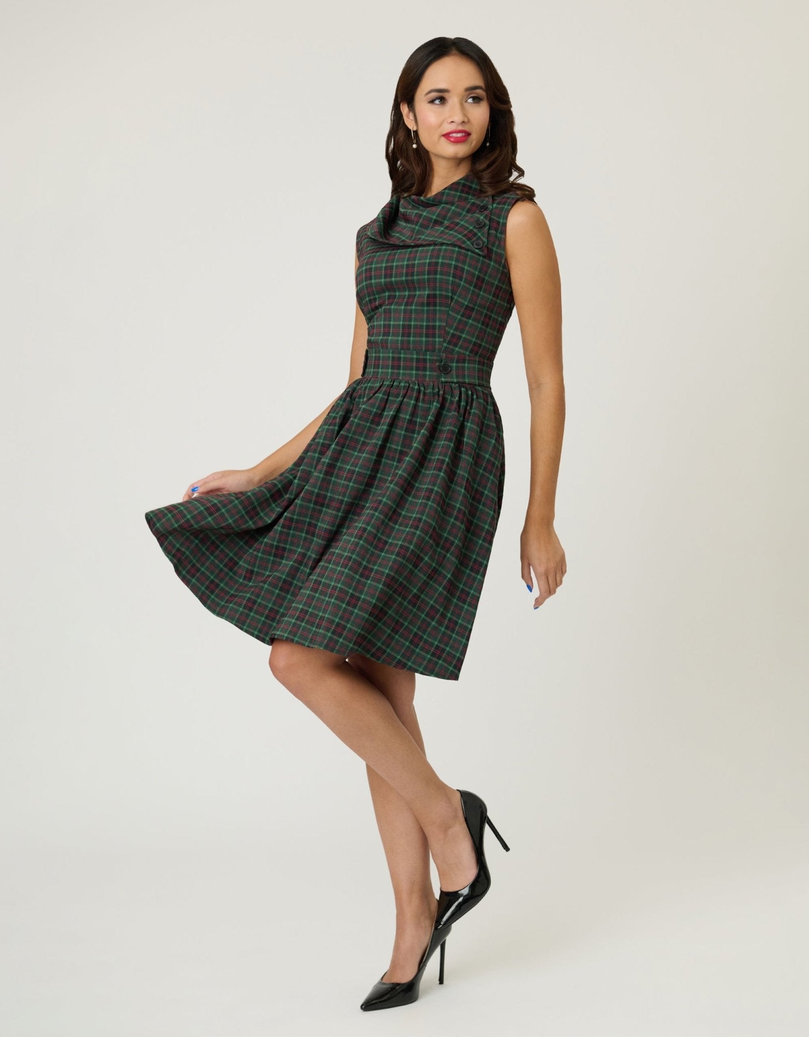 Smak Parlour Green & Red Plaid Funnel Neck Fit & Flare Dress Unique Vintage Smak Parlour Green & Red Plaid Funnel Neck Fit & Flare Dress Unique Vintage