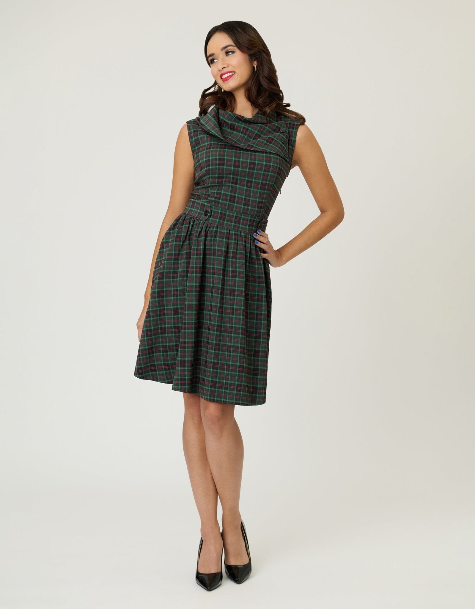 Smak Parlour Green & Red Plaid Funnel Neck Fit & Flare Dress - Unique Vintage - Womens, DRESSES, FIT AND FLARE