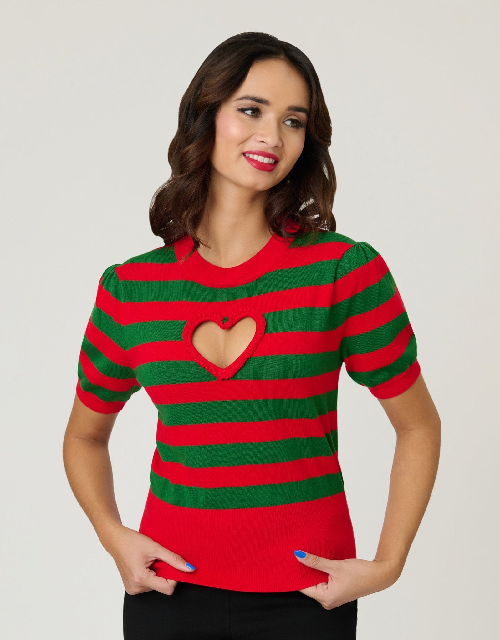 Smak Parlour Green & Red Stripe Heart Sweater