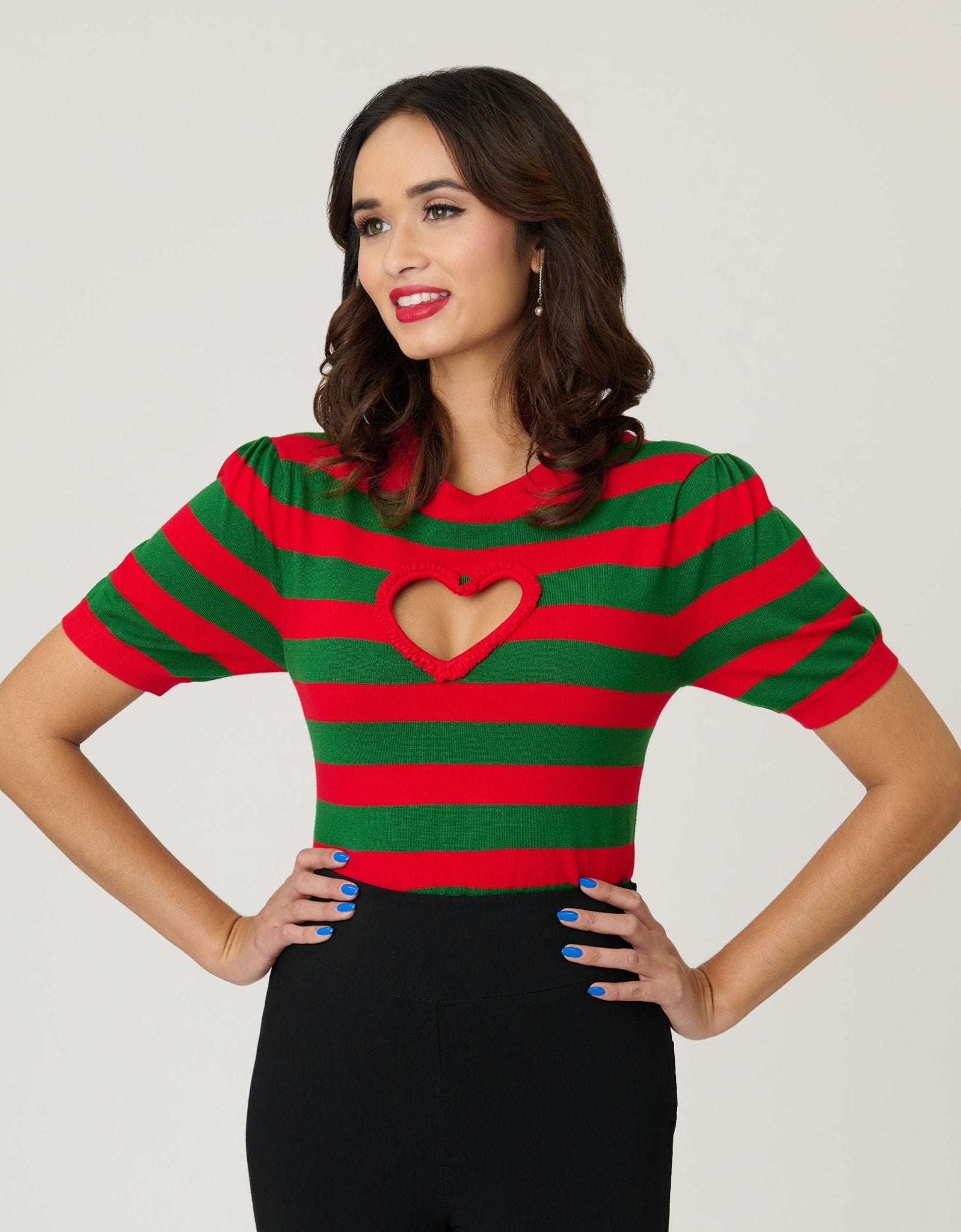 Smak Parlour Green & Red Stripe Heart Sweater