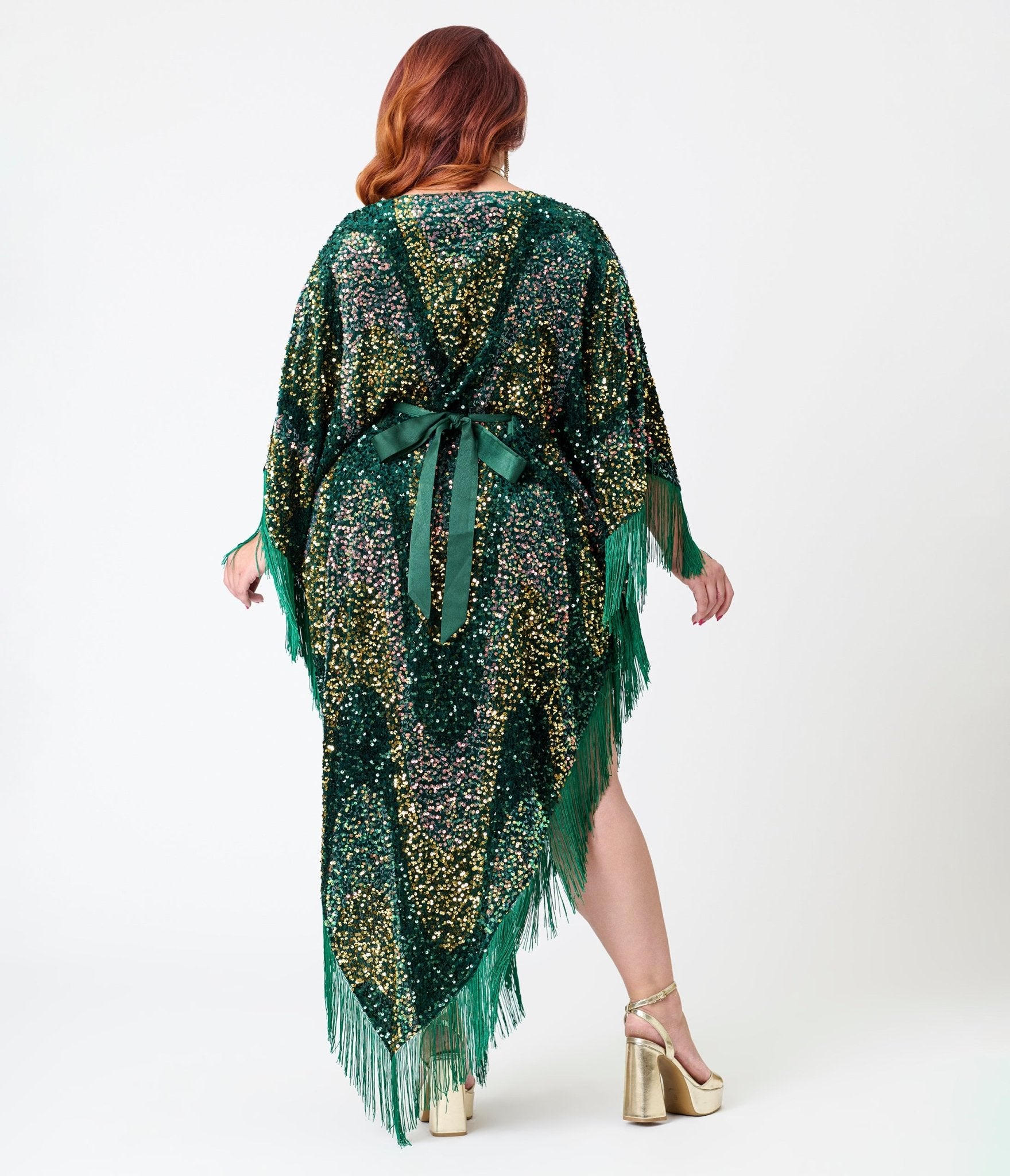 Smak Parlour Green Sequin Fringe Caftan Dress - Unique Vintage - Womens, DRESSES, CAFTAN