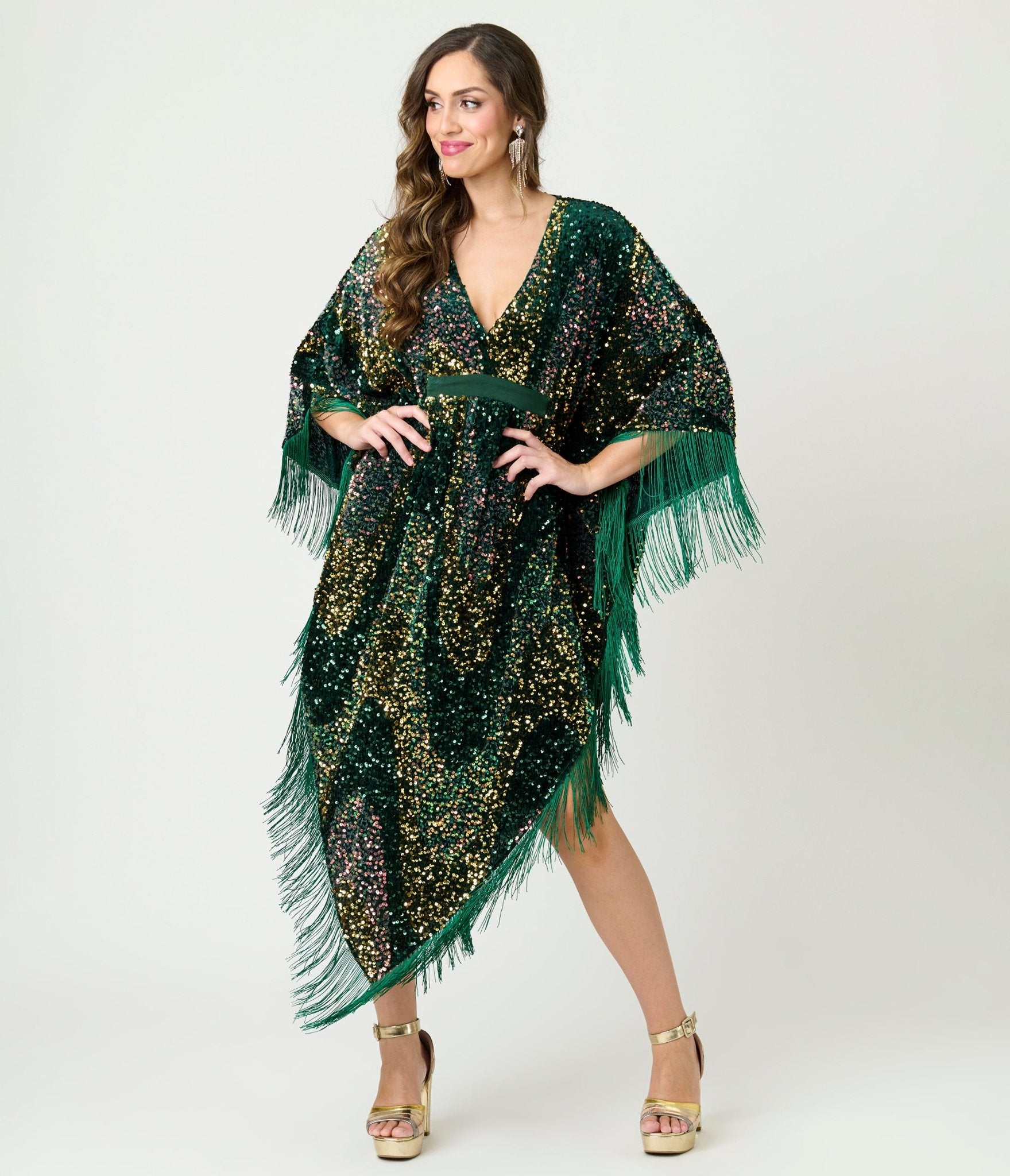 Smak Parlour Green Sequin Fringe Caftan Dress - Unique Vintage - Womens, DRESSES, CAFTAN