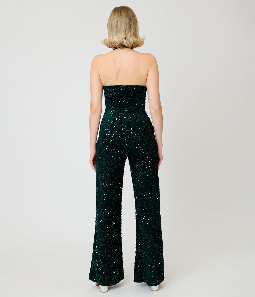 Smak Parlour Green Velvet & Sequin Glamour Goddess Jumpsuit - Unique Vintage -
