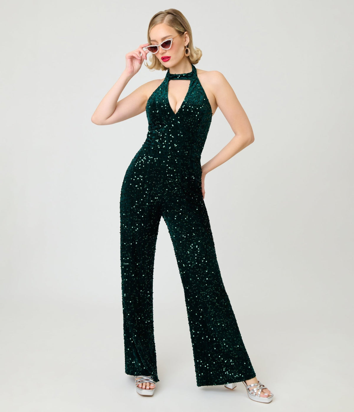 Smak Parlour Green Velvet & Sequin Glamour Goddess Jumpsuit - Unique Vintage -