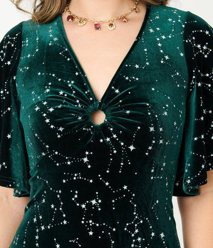 Smak Parlour Green Velvet Silver Stars Cutout Maxi Dress - Unique Vintage - Womens, DRESSES, MAXI