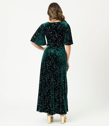 Smak Parlour Green Velvet Silver Stars Cutout Maxi Dress - Unique Vintage - Womens, DRESSES, MAXI