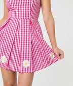 Smak Parlour Hot Pink Gingham & Daisy Pleated Skirted Romper - Unique Vintage - Womens, BOTTOMS, ROMPERS AND JUMPSUITS