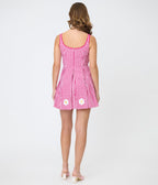 Smak Parlour Hot Pink Gingham & Daisy Pleated Skirted Romper - Unique Vintage - Womens, BOTTOMS, ROMPERS AND JUMPSUITS