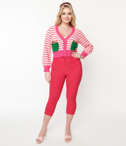 Smak Parlour Hot Pink Pin Dot Daisy Pocket Smarty Pants Capri - Unique Vintage - Womens, BOTTOMS, CAPRI