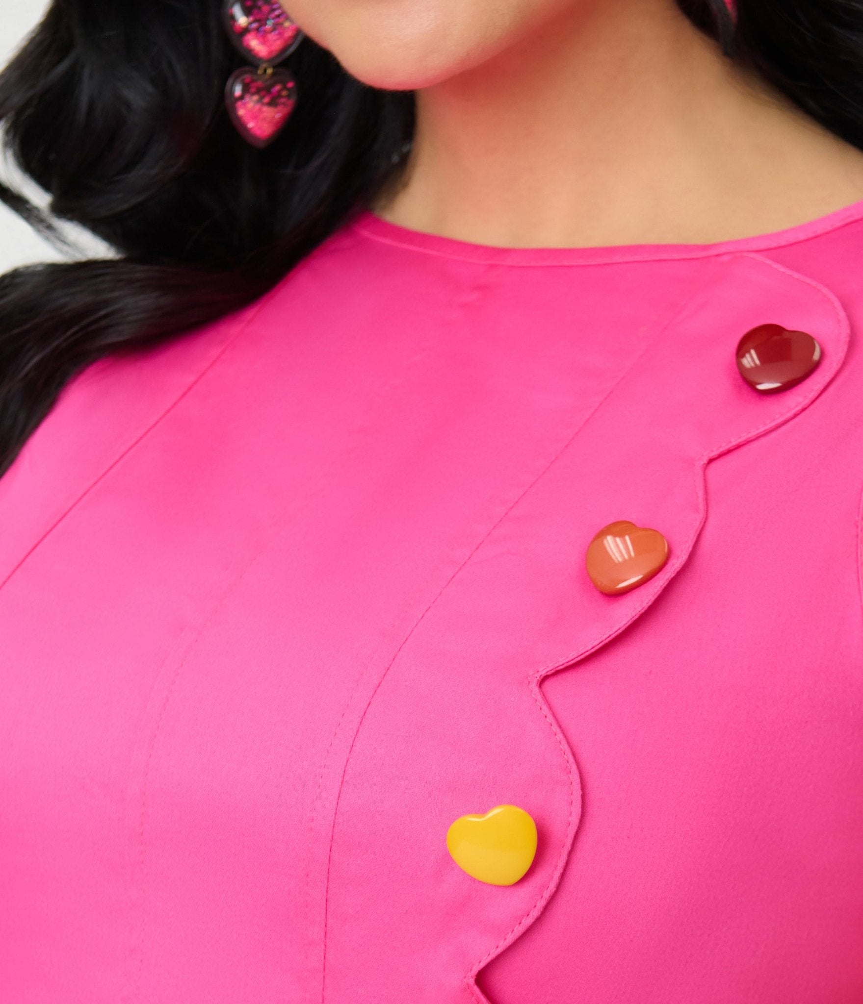 Smak Parlour Hot Pink & Rainbow Buttons Scallop Mini Dress - Unique Vintage - Womens, DRESSES, SHIFTS