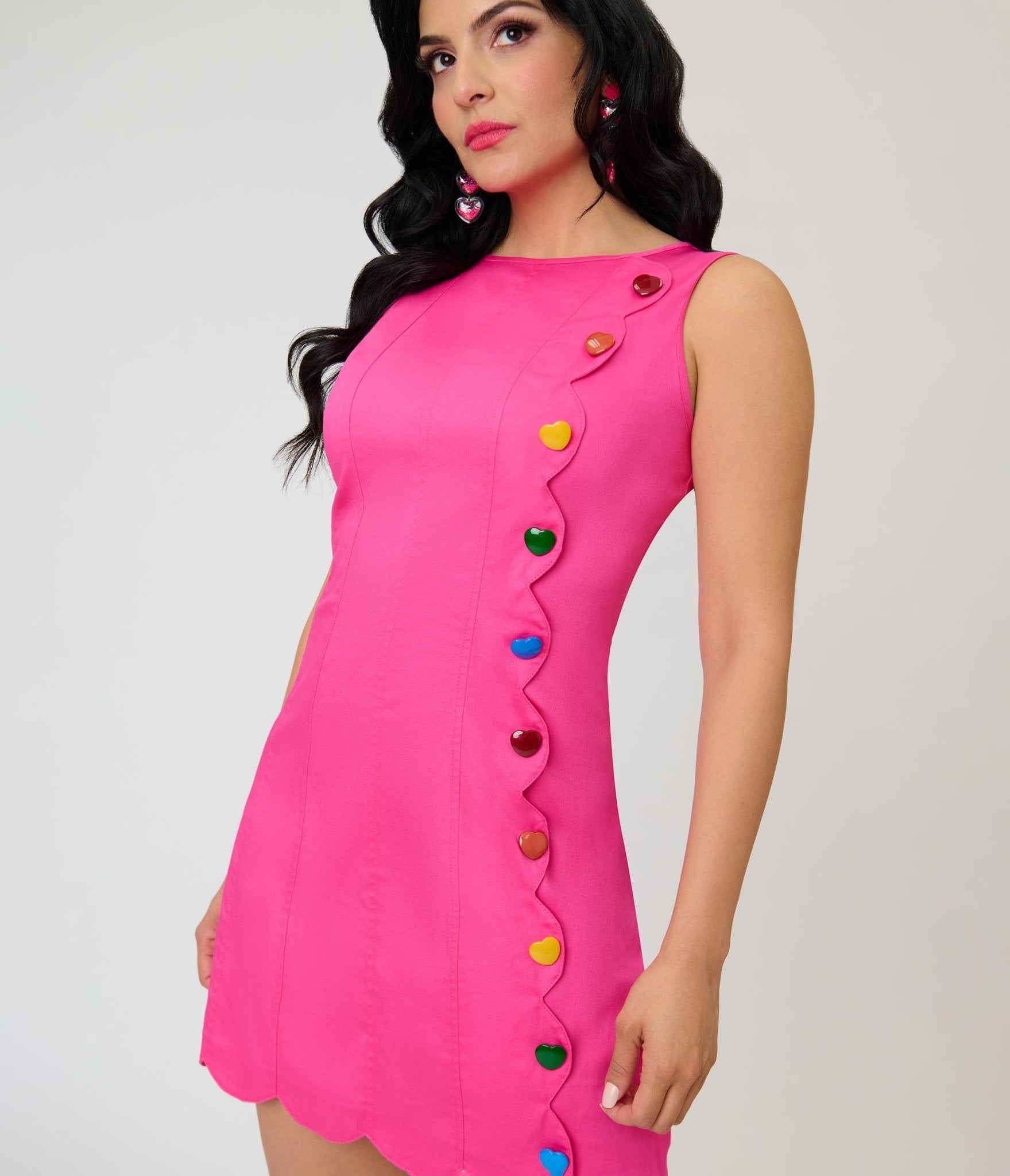 Smak Parlour Hot Pink & Rainbow Buttons Scallop Mini Dress - Unique Vintage - Womens, DRESSES, SHIFTS
