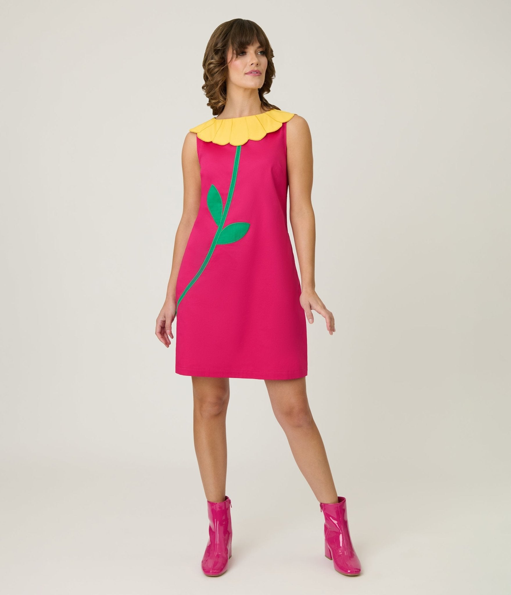 Smak Parlour Hot Pink & Yellow Petal Collar Cotton Shift Dress