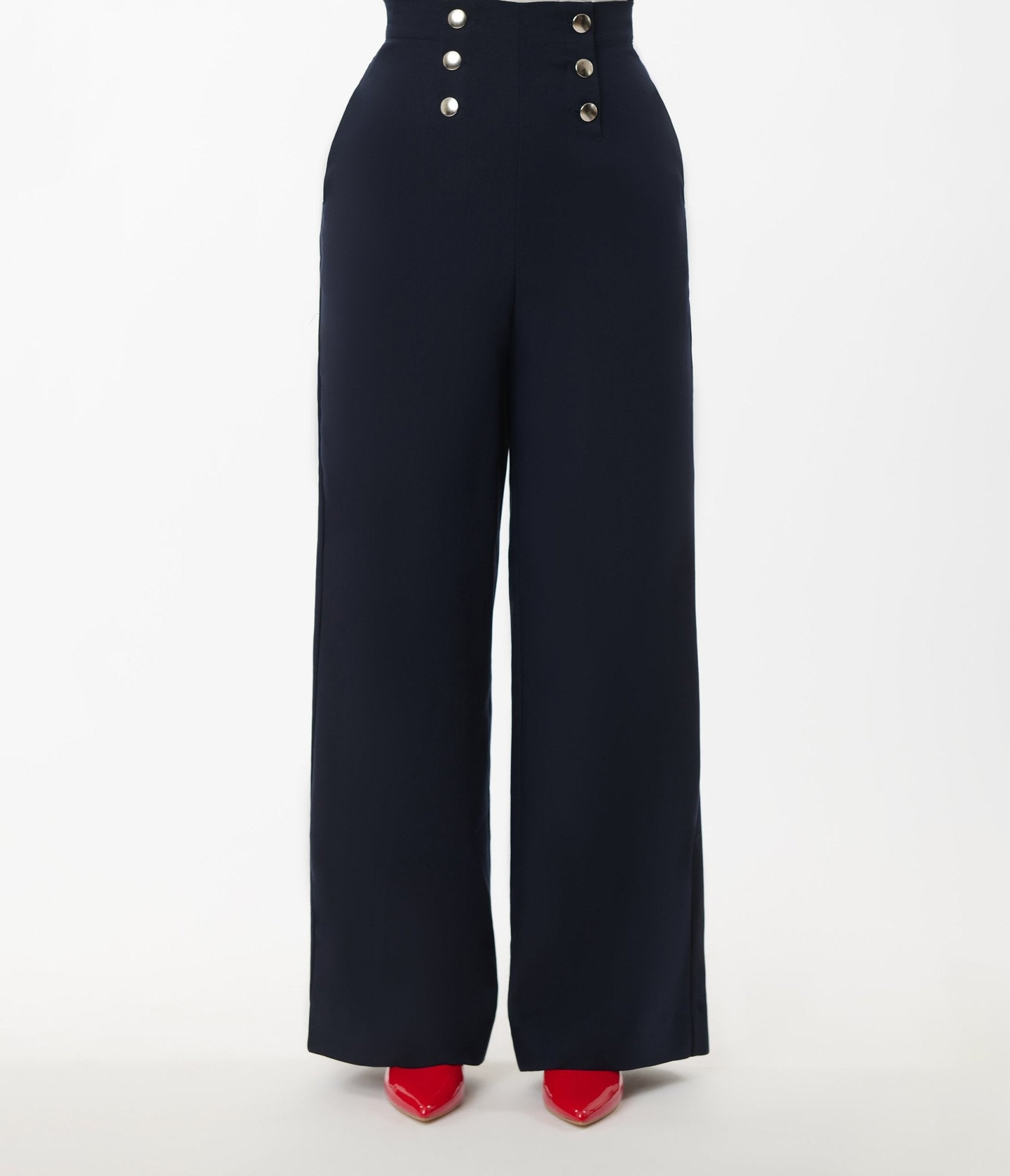 Smak Parlour Navy & Silver Button Wide Leg Sailor Pants - Unique Vintage - Womens, BOTTOMS, PANTS