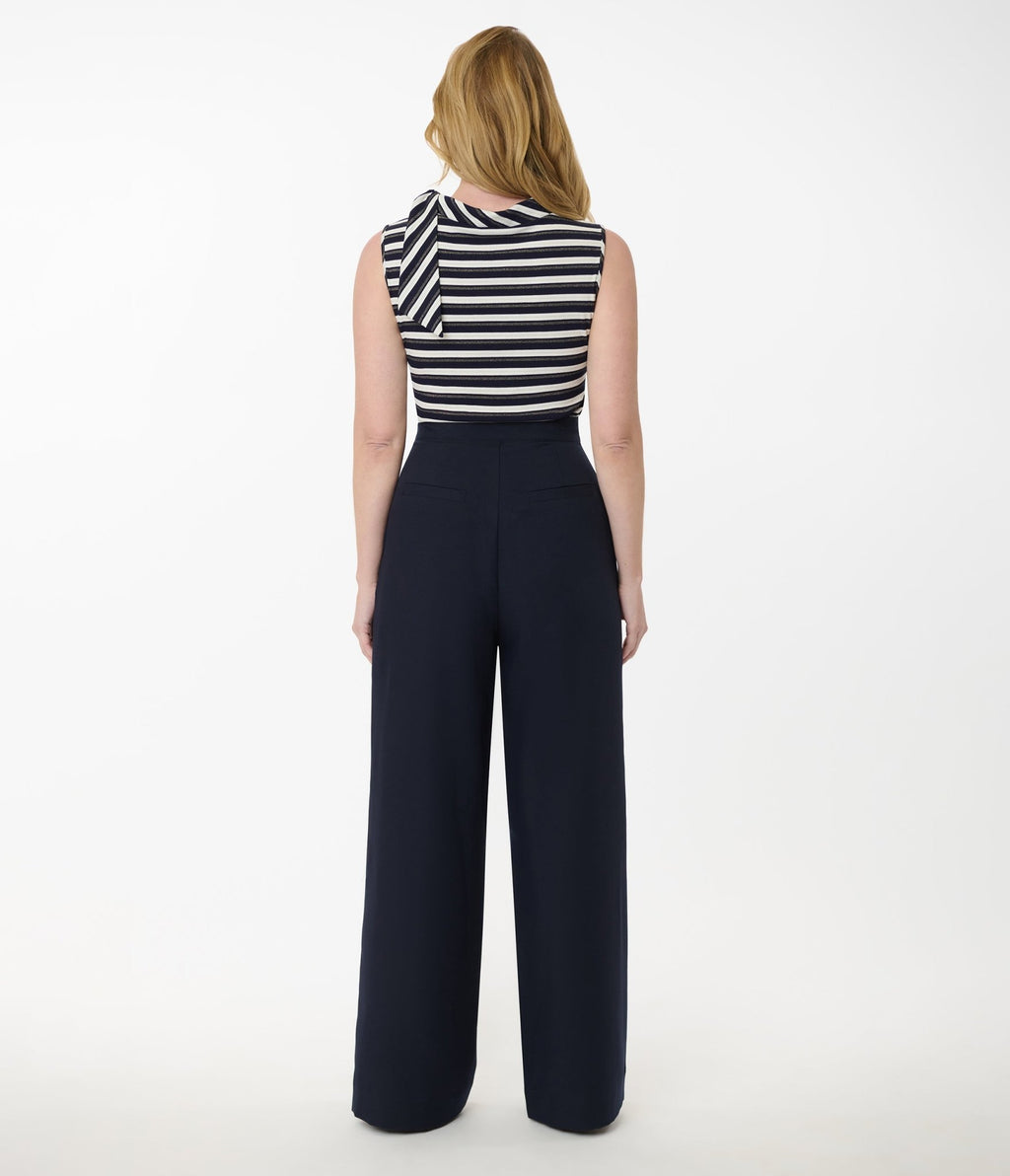 Smak Parlour Navy & Silver Button Wide Leg Sailor Pants - Unique Vintage - Womens, BOTTOMS, PANTS
