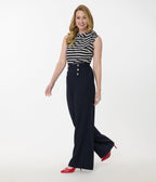 Smak Parlour Navy & Silver Button Wide Leg Sailor Pants - Unique Vintage - Womens, BOTTOMS, PANTS