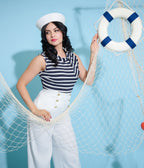 Smak Parlour Navy & Silver Stripe Cowl Neck Tie Blouse - Unique Vintage - Womens, TOPS, KNIT TOPS