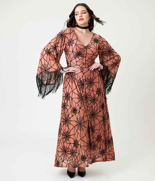 Smak Parlour Nude & Black Spiderweb Fringe Sleeve Stevie Maxi Dress