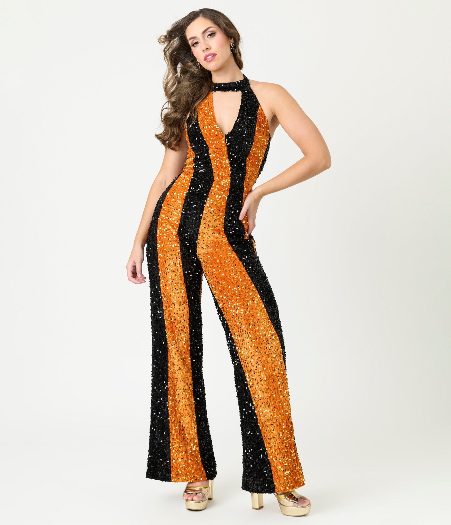 Smak Parlour Orange & Silver Sequin Glamour Goddess Jumpsuit - Unique Vintage - Womens, BOTTOMS, ROMPERS AND JUMPSUITS