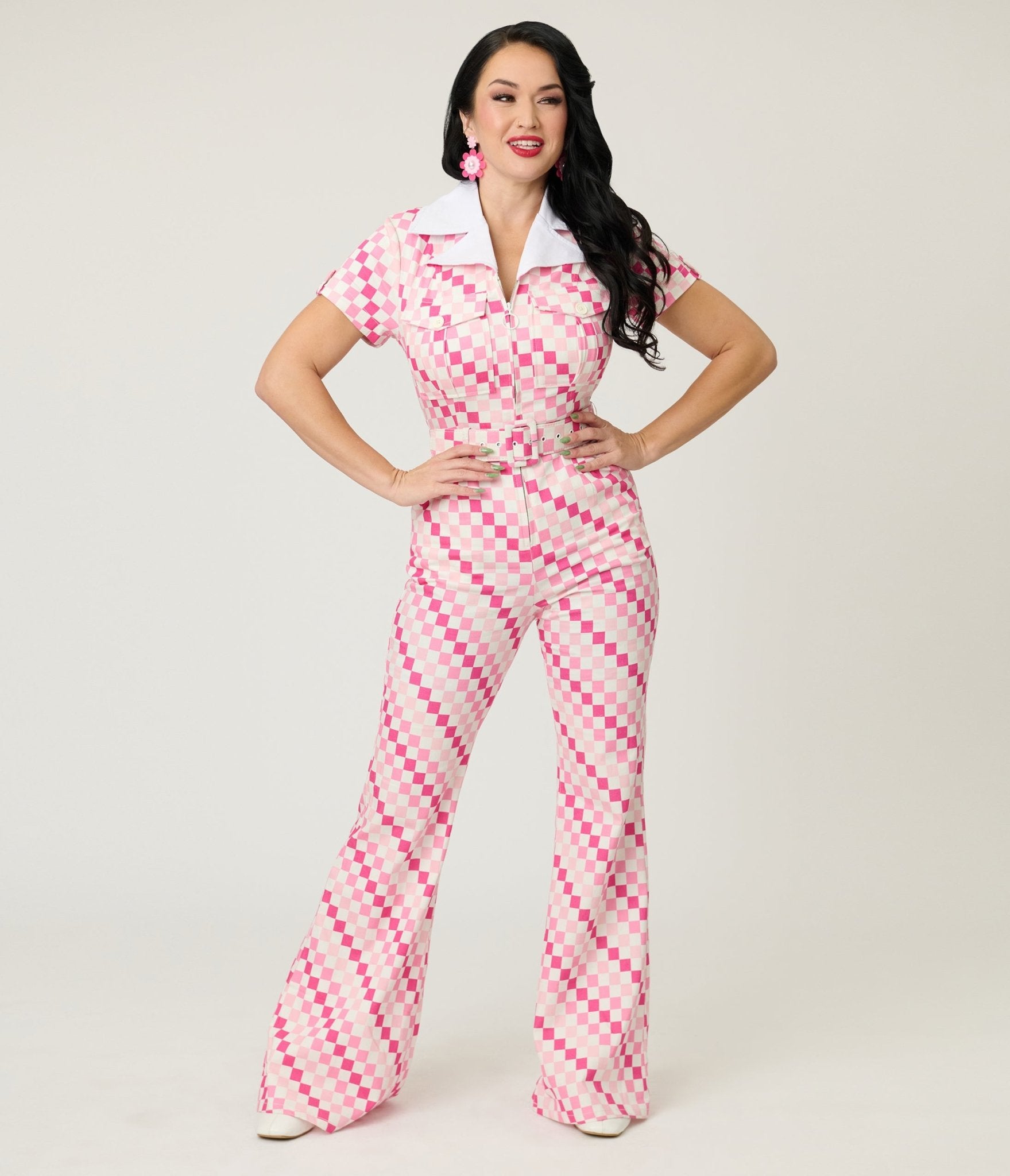 Smak Parlour Pink Checkerboard Flare Jumpsuit - Unique Vintage - Womens, BOTTOMS, ROMPERS AND JUMPSUITS