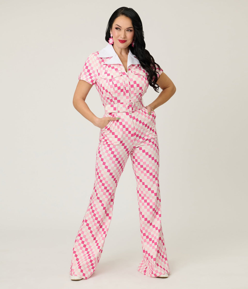Smak Parlour Pink Checkerboard Flare Jumpsuit - Unique Vintage - Womens, BOTTOMS, ROMPERS AND JUMPSUITS
