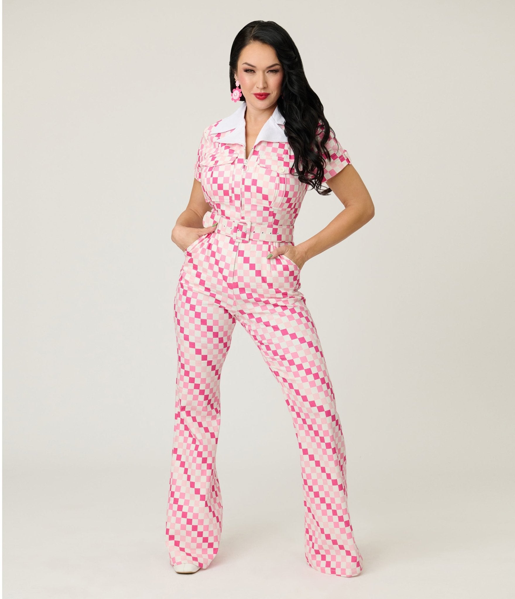 Smak Parlour Pink Checkerboard Flare Jumpsuit - Unique Vintage - Womens, BOTTOMS, ROMPERS AND JUMPSUITS