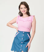 Smak Parlour Pink Gingham Ruffle Cotton Blouse - Unique Vintage - Womens, TOPS, WOVEN TOPS