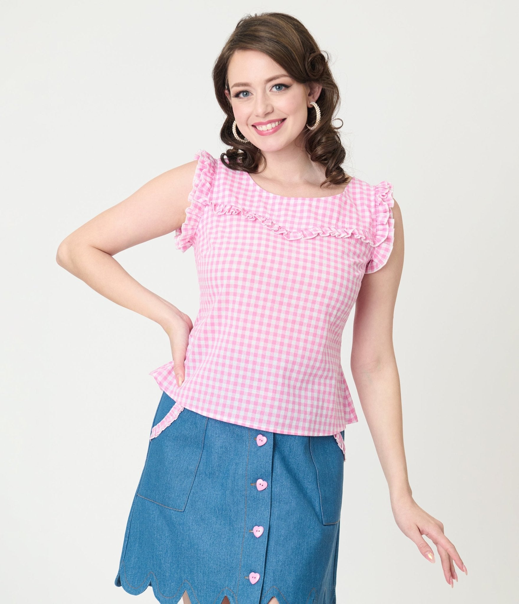 Smak Parlour Pink Gingham Ruffle Cotton Blouse - Unique Vintage - Womens, TOPS, WOVEN TOPS