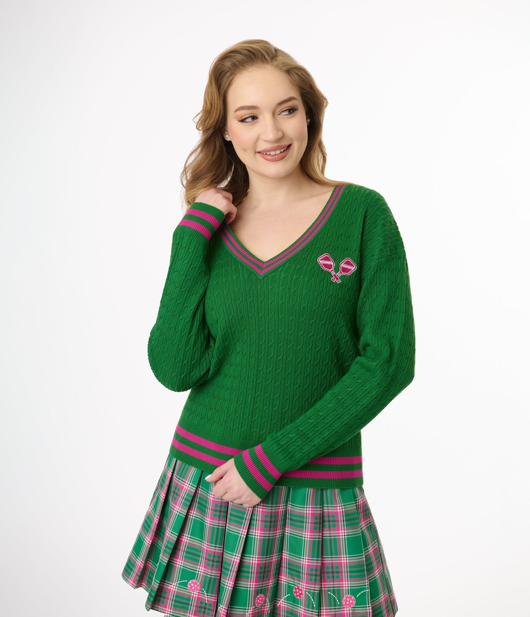 Smak Parlour Pink & Green Pickleball Sweater - Unique Vintage - Womens, TOPS, SWEATERS