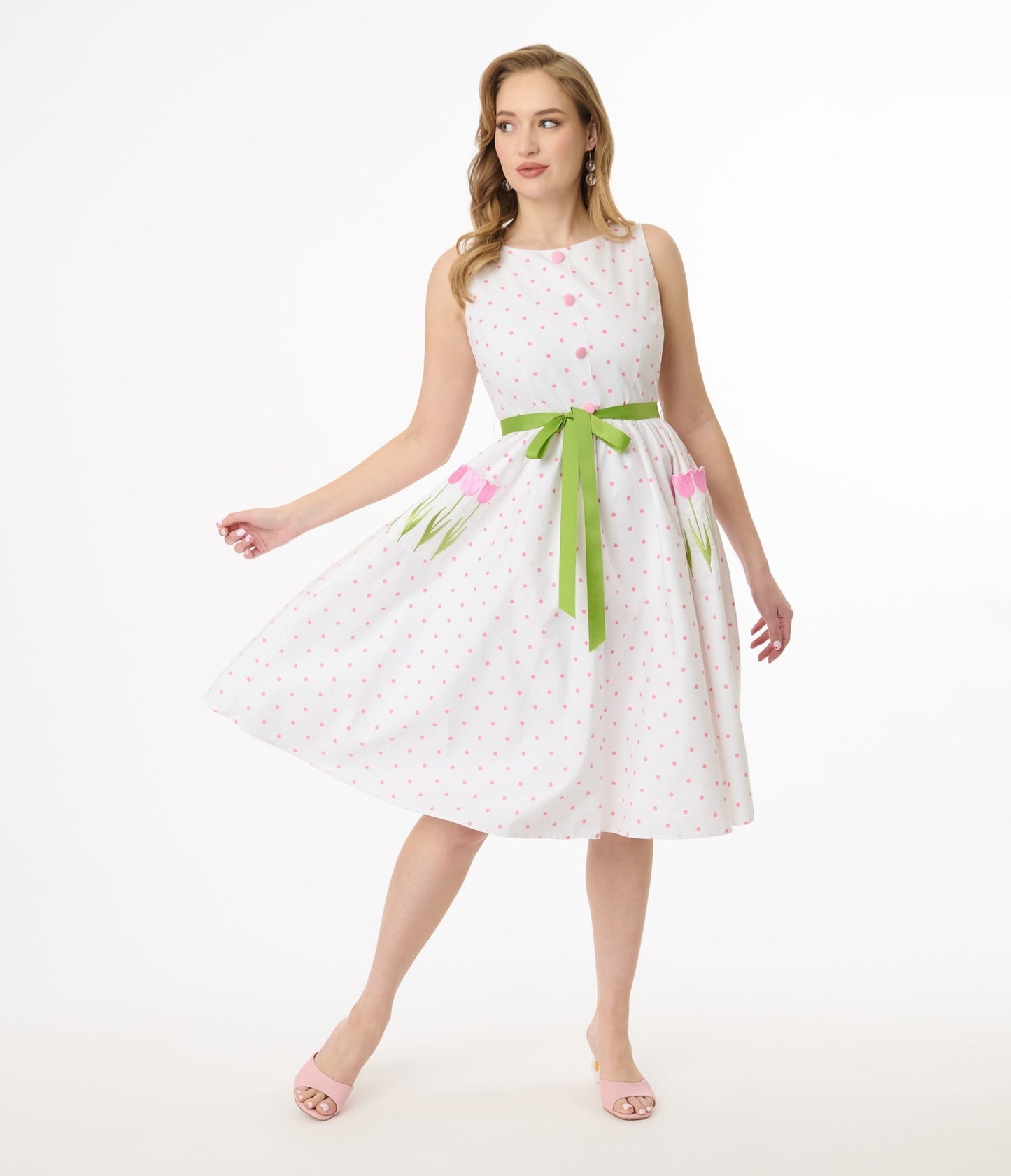 Smak Parlour Pink Pin Dot Tulip Sleeveless Swing Dress - Unique Vintage - Womens, DRESSES, SWING