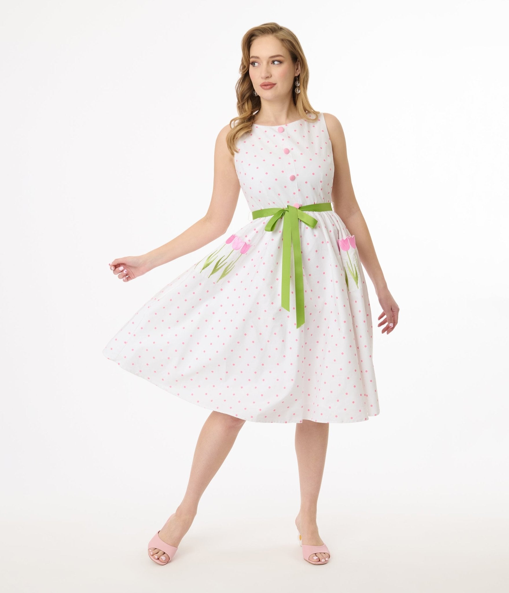Smak Parlour Pink Pin Dot Tulip Sleeveless Swing Dress - Unique Vintage - Womens, DRESSES, SWING